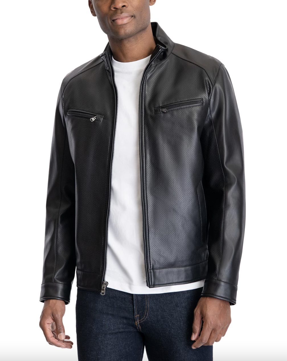 model wearing the black faux leather jacket