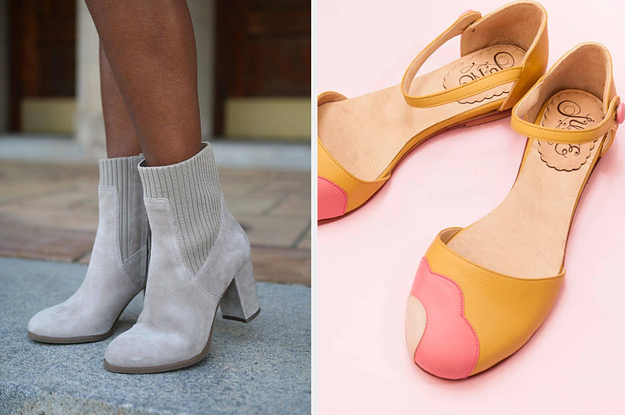 (left) grey boots (right) yellow buckle flats