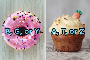 On the left, a strawberry donut with sprinkle labeled B, G, or Y, and on the right, a carrot cake cup labeled A, T, or Z