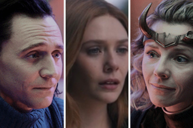 A close up of Loki, a close up of Wanda Maximoff, and a close up of Sylvie from the show "Loki"