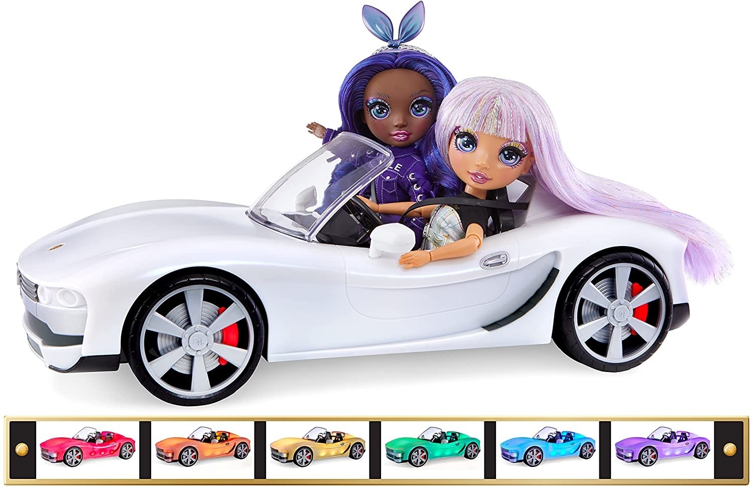 two rainbow high dolls in a car and color options the car can turn into including red orange yellow green blue and purple