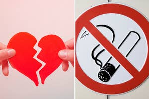 Two split images: a red broken paper heart, and a no smoking sign
