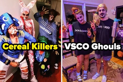 Bloody cereal mascots labeled "cereal killers" and VSCO girls with spooky makeup labeled "VSCO ghouls"