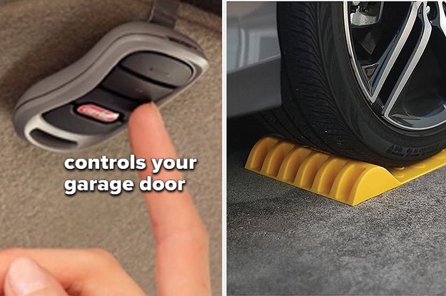 garage door opener keychain, tire stop on a garage floor to aid with parking
