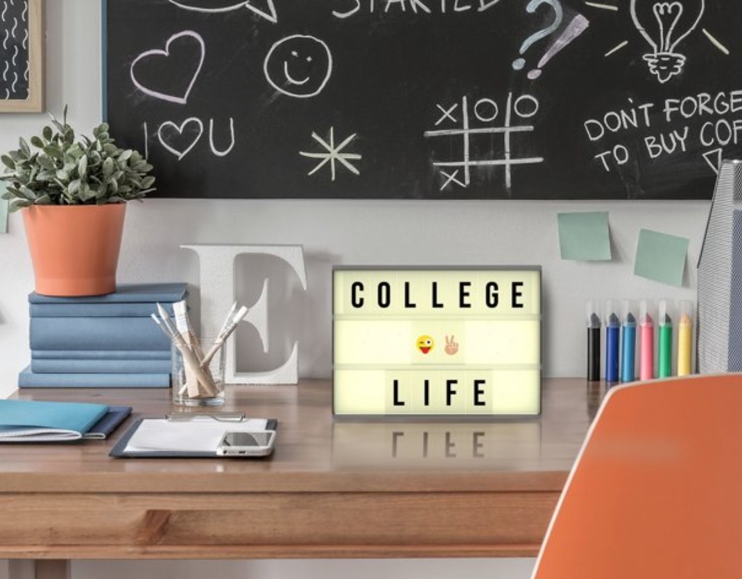 LED sign with the words &quot;college life&quot; and emojis