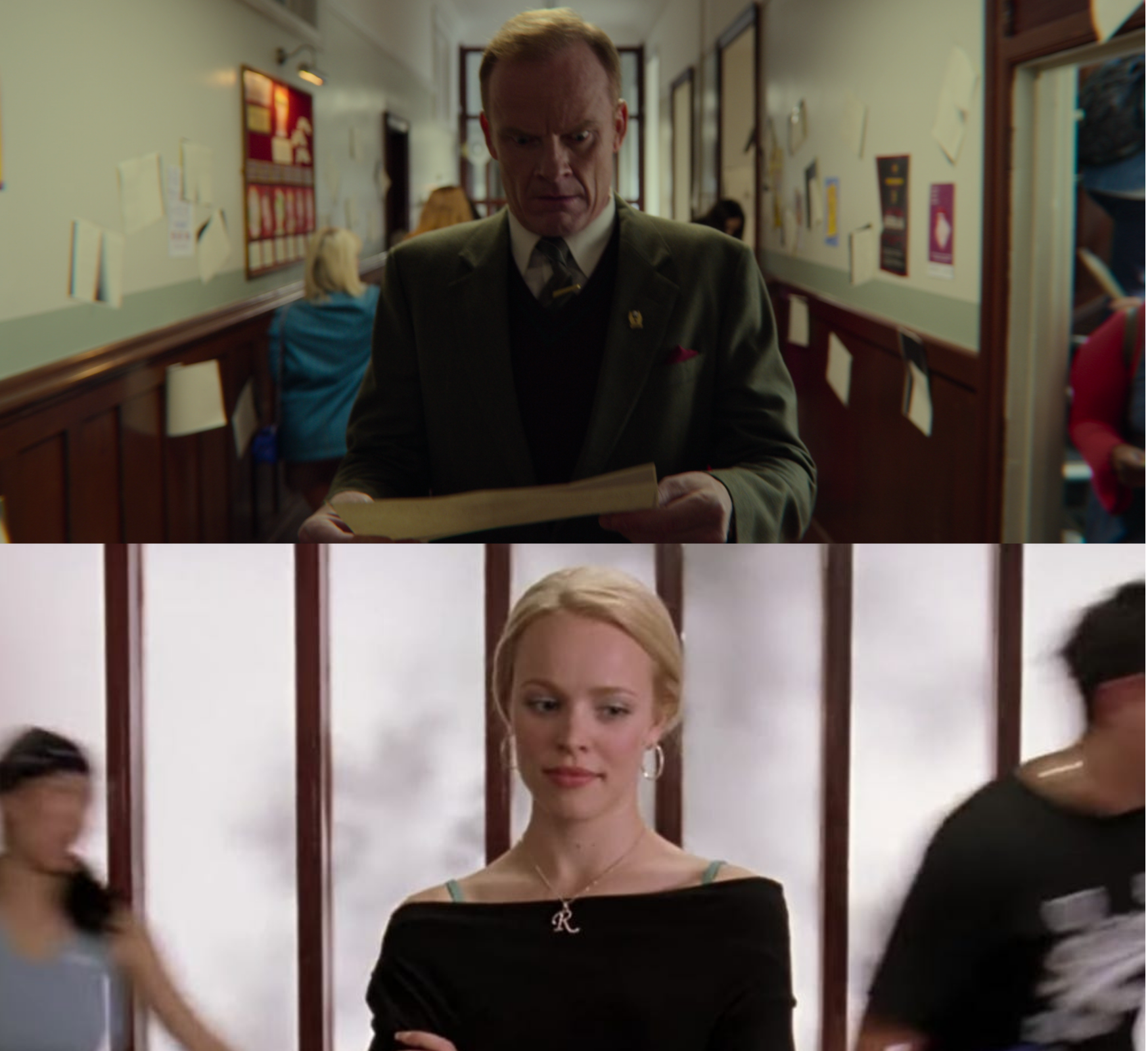 Top Panel: Principal Groff from Sex Education holding a piece of paper and looking at it in the school hallway with students around him. Bottom Panel: Regina George from Mean Girls standing in the school hallway with students running around her.