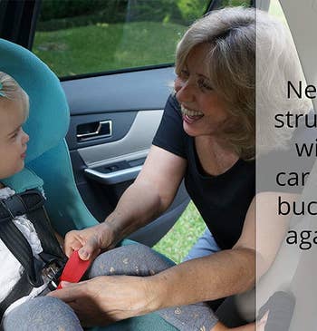 A model parent unbuckling their child in the car seat using the tool
