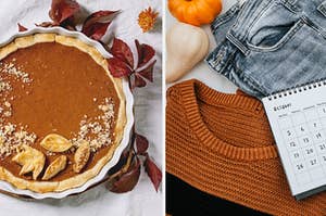 A pie is surrounded by leaves on the left with an outfit and calendar on the right