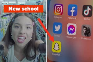 Olivia Rodrigo is on the left labeled, "new school" with apps on a phone on the right