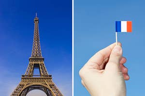 An Eiffel Tower is on the left with a man holding a France flag on the right