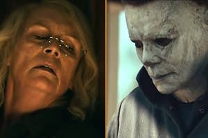 An older Laurie Strode looks over her shoulder. Michael Myers in an aged mask looks on.