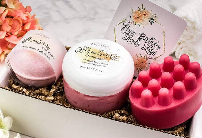 A strawberry champagne soap set