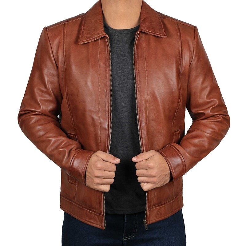 Image of model wearing brown jacket on white background