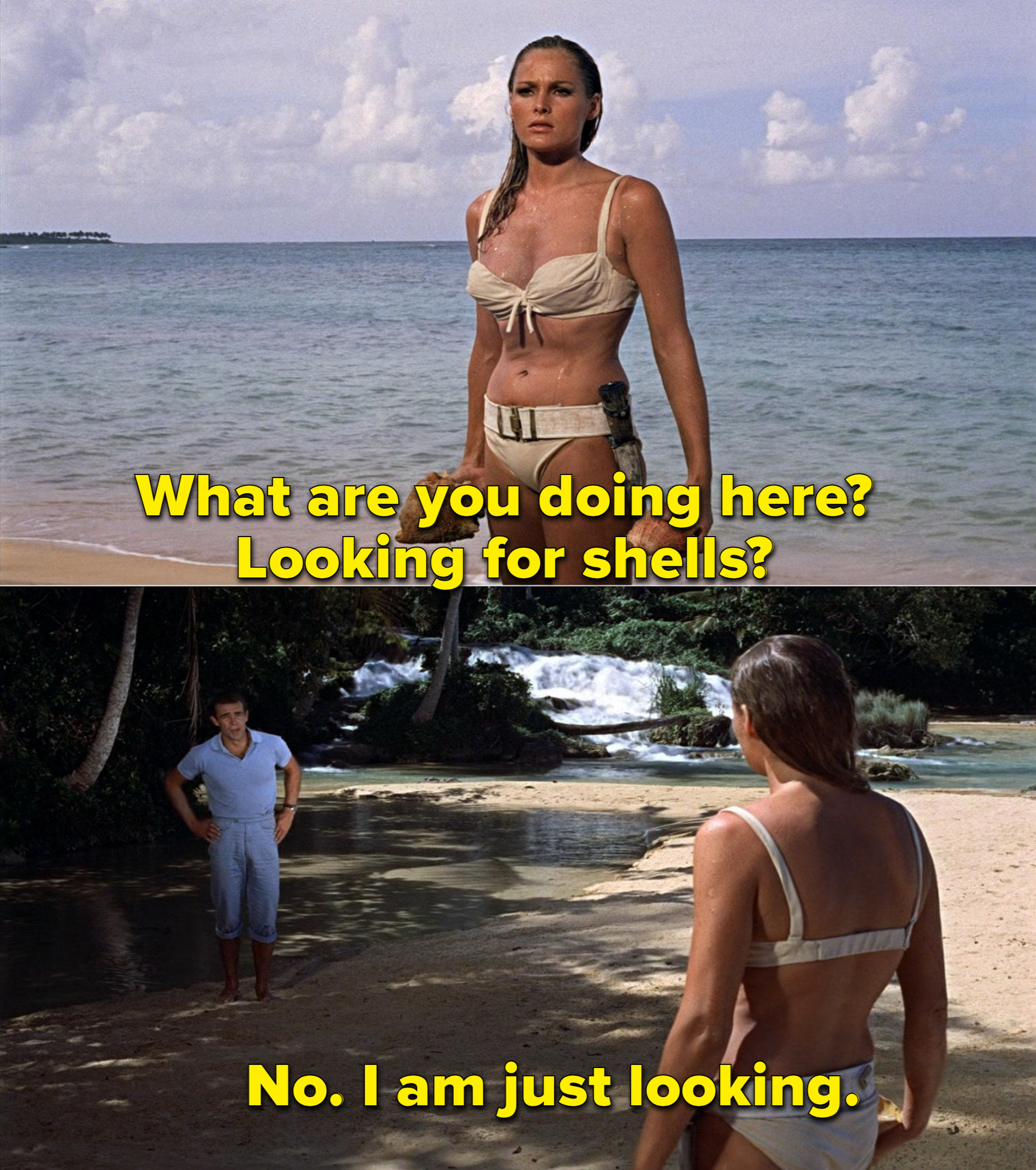 James Bond looks at a woman in a bikini holding sea shells