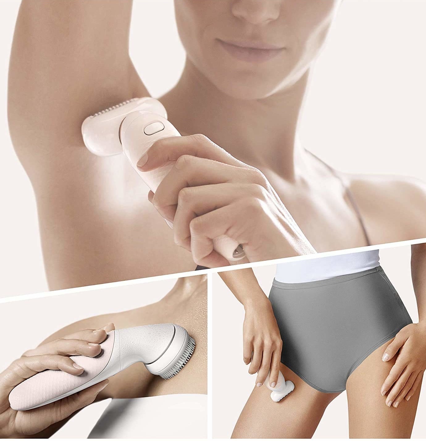 Model using handheld epilator of their armpits, chest, and bikini line