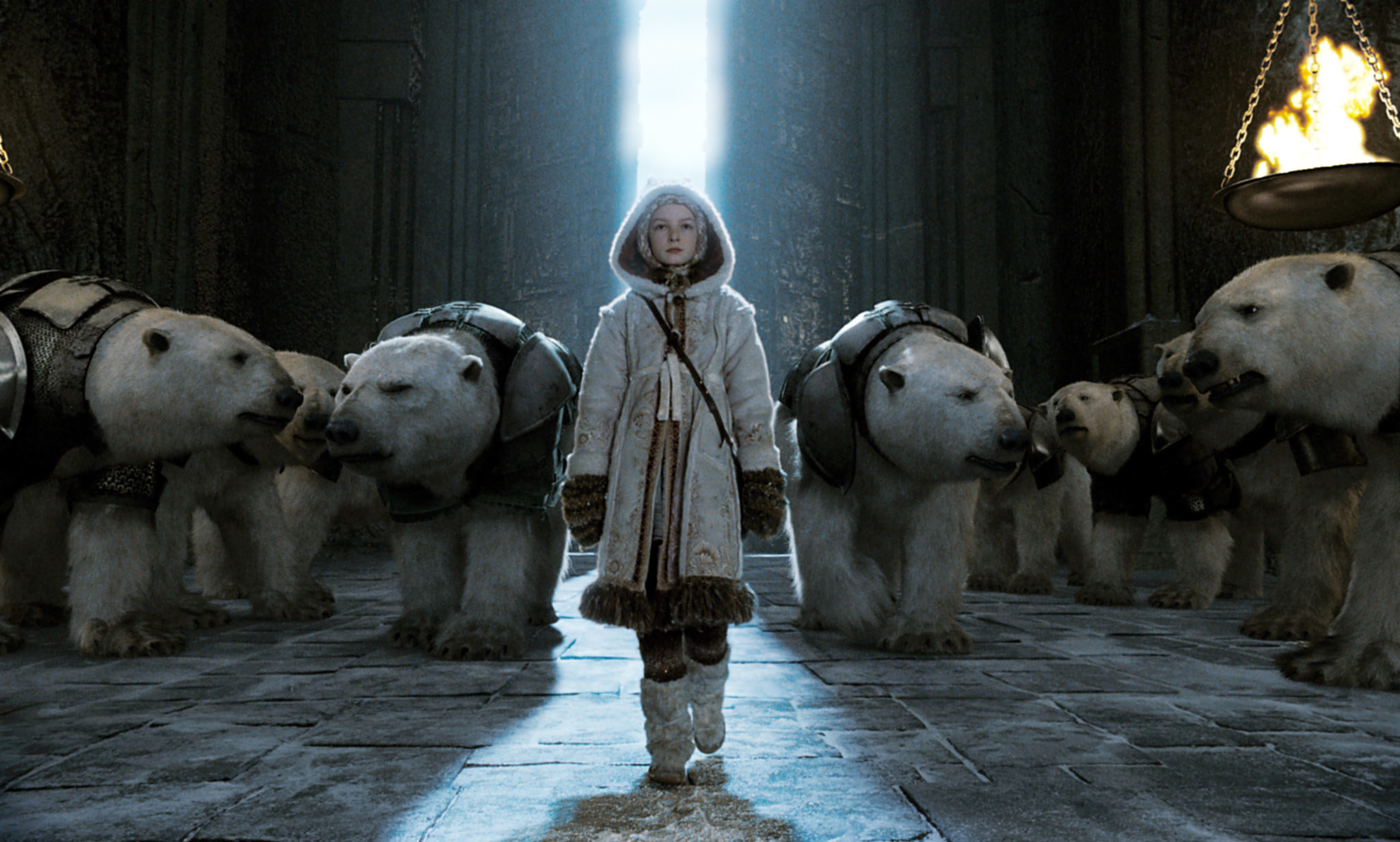 Lyra leading a pack of armored polar bears