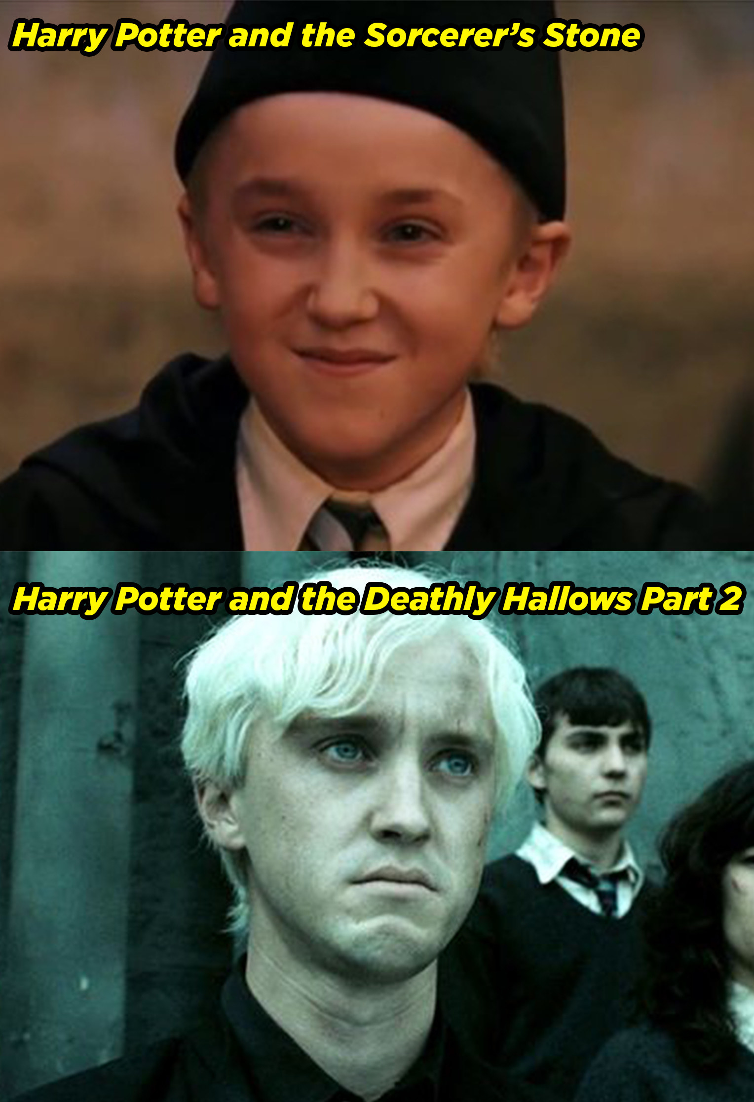 Tom Felton as a child in the Sorcerer&#x27;s Stone and teenager in Deathly Hallows Part 2