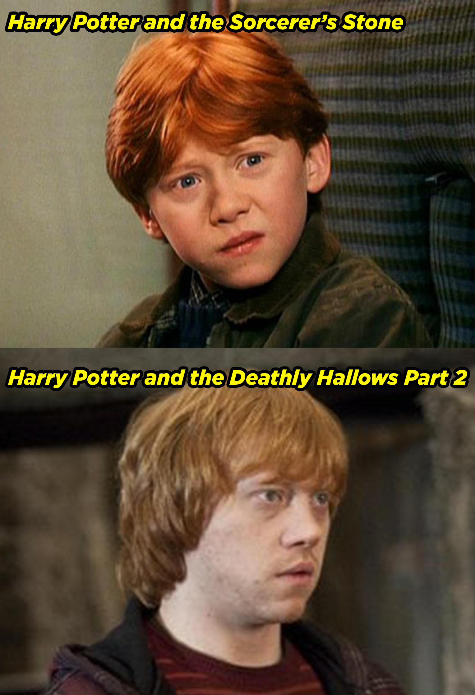Rupert Grint as a child in the Sorcerer&#x27;s Stone and teenager in Deathly Hallows Part 2