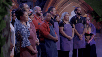 GIF of three teams of bakers smiling
