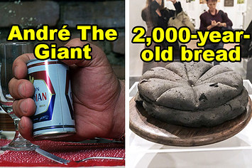 Andre the Giant's hand holding a beer can and 2000 year old bread