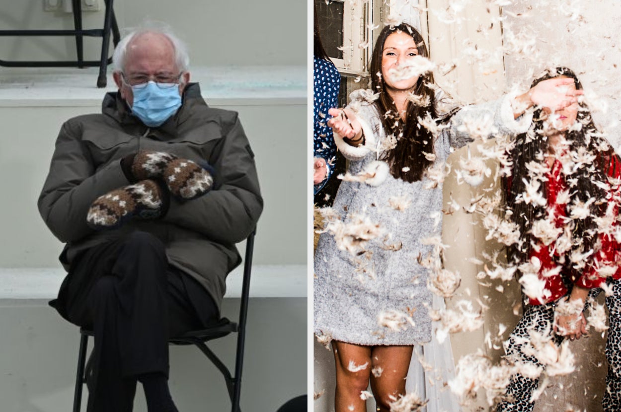 On the left, Bernie Sanders sitting in a chair with his mitten-ed hands folded across his chest at the 2021 inauguration, and on the right, feathers flying in the air as people have a pillow fight 