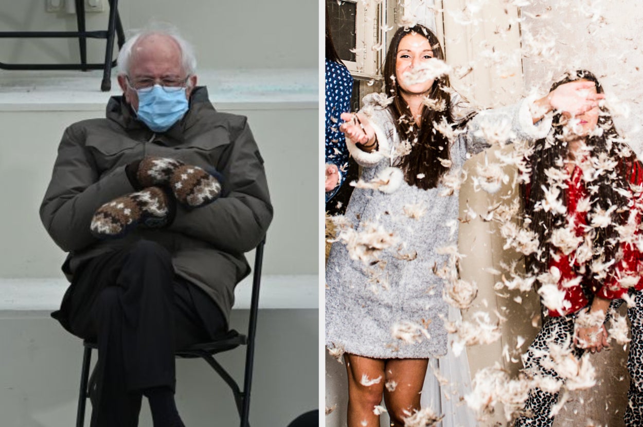 On the left, Bernie Sanders sitting in a chair with his mitten-ed hands folded across his chest at the 2021 inauguration, and on the right, feathers flying in the air as people have a pillow fight