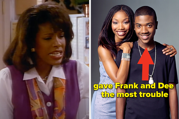Dee is on the left yelling with Mo and Dorian on the right labeled, "gave Frank and Dee the most trouble"