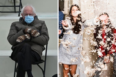 On the left, Bernie Sanders sitting in a chair with his mitten-ed hands folded across his chest at the 2021 inauguration, and on the right, feathers flying in the air as people have a pillow fight 