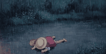 An illustrated person lying face down on the ground in the pouring rain