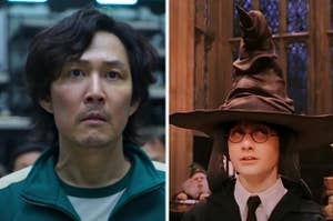 Gi-hun is on the left in a tracksuit with Harry Potter wearing a sorting hat on the right