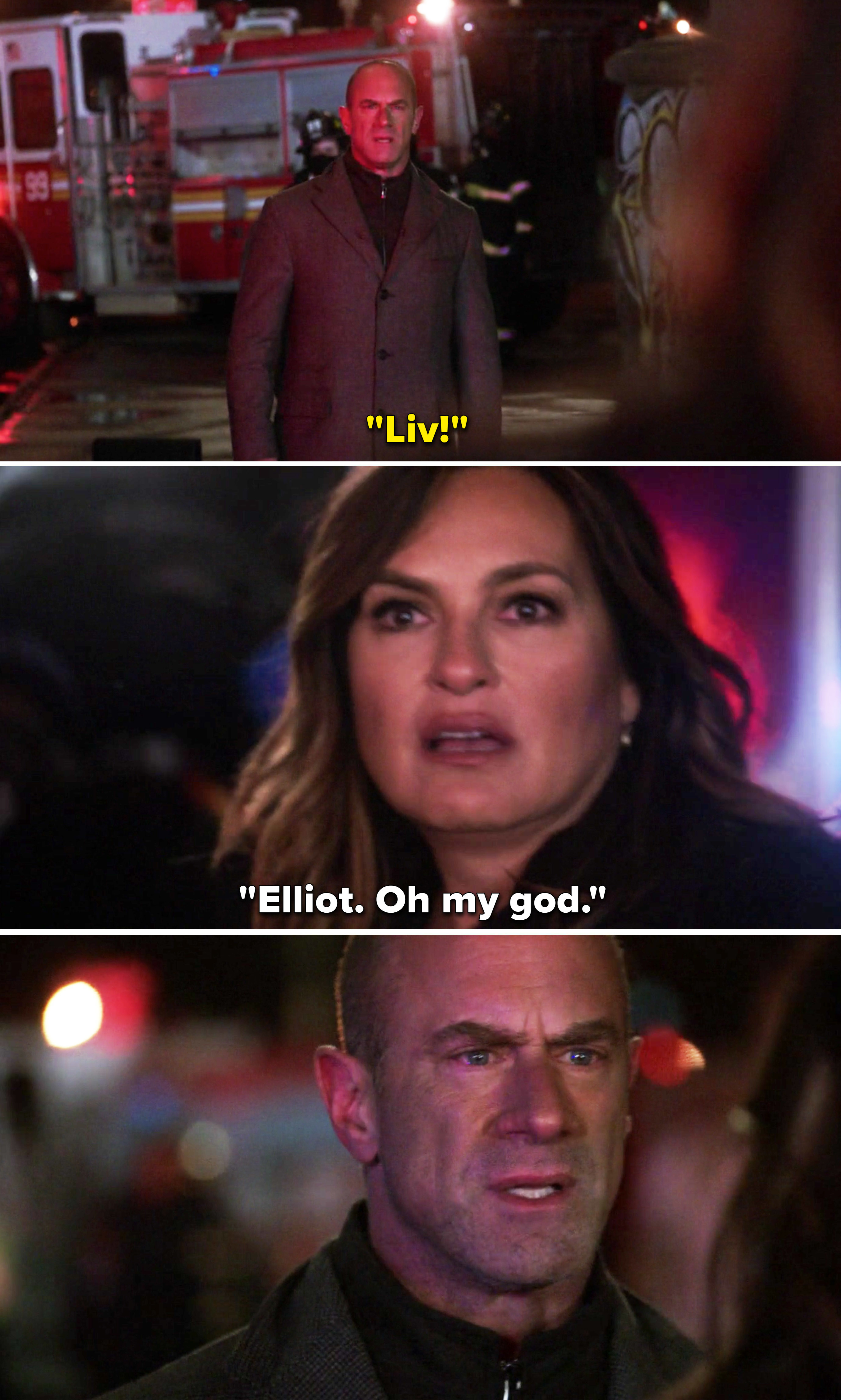 Elliot and Liv spotting each other at a crime scene