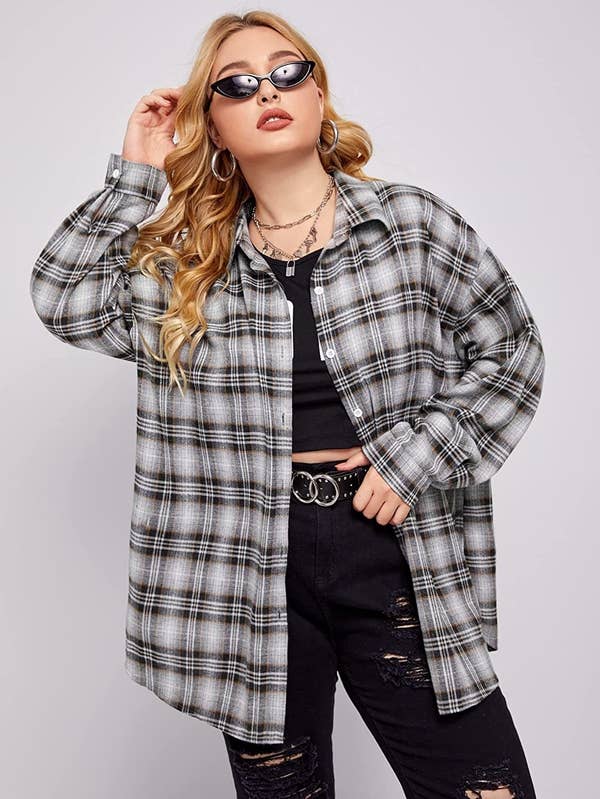 model wearing the plaid shirt