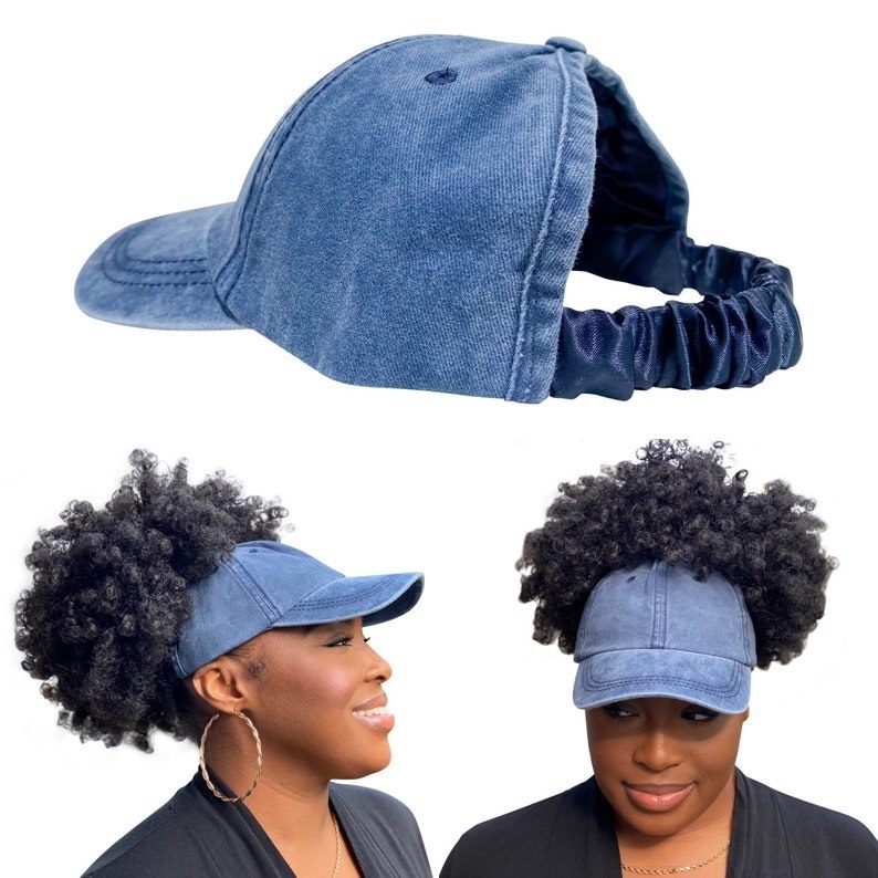 founder wears the denim version with her curls coming out the back