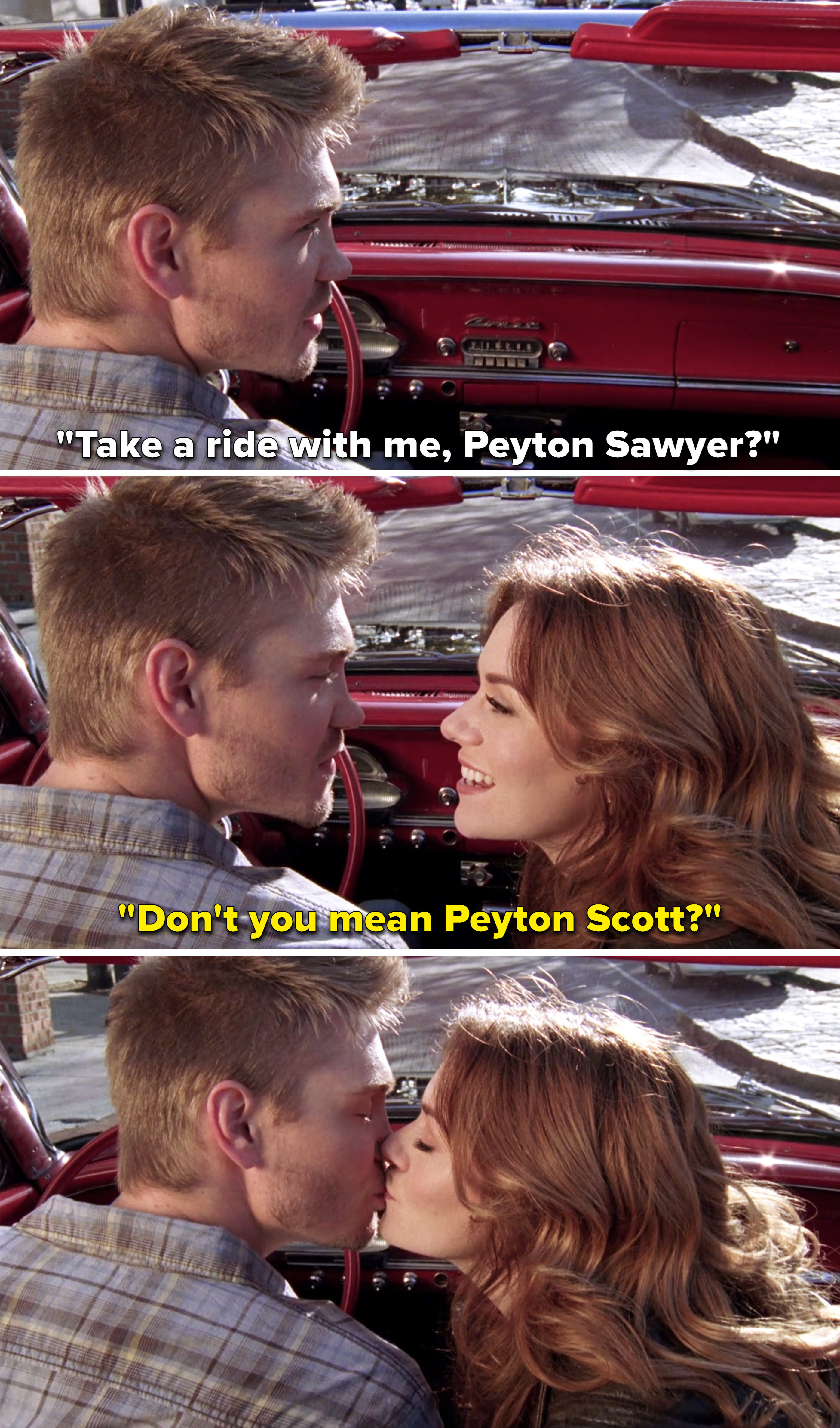 Lucas and Peyton kissing in a car and Peyton calling herself &quot;Peyton Scott&quot;
