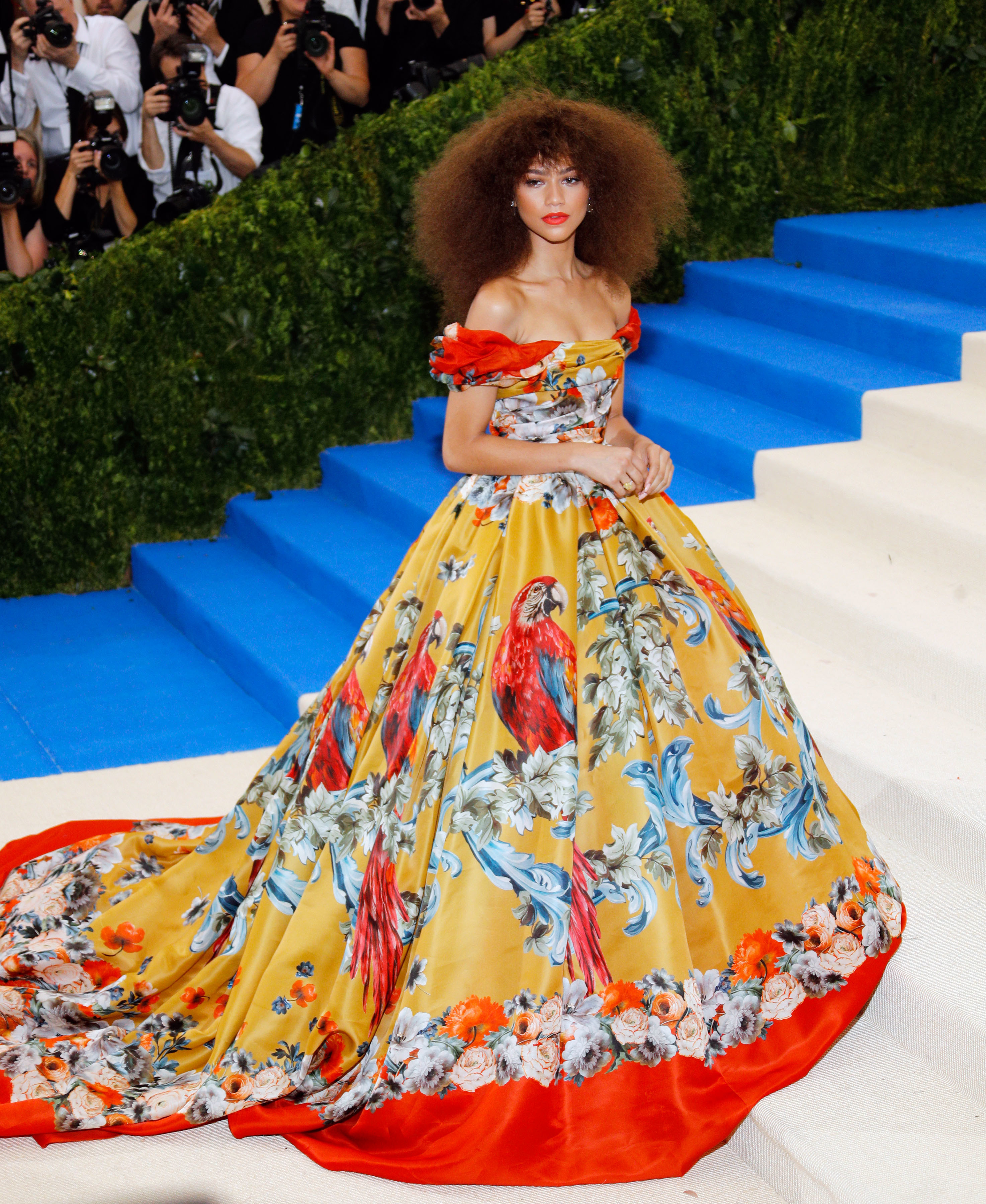 Zendaya wore an off-the-shoulder ballgown printed with parrots and flowers