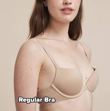 a model wearing an underwire bra with gapping at the cups and text reading 