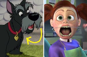 the scottie dog from lady and the tramp on the left and darla from finding nemo on the right 