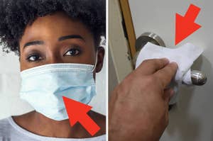 A woman wearing a face mask next to a hand touching a doorknob with a paper towel