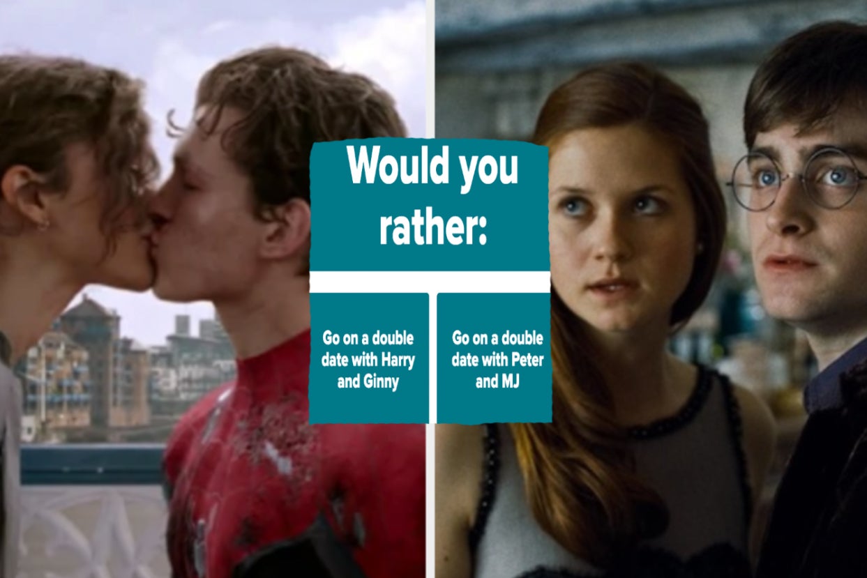 Peter Parker kisses MJ Jones and Ginny Weasley stands close to Harry Potter