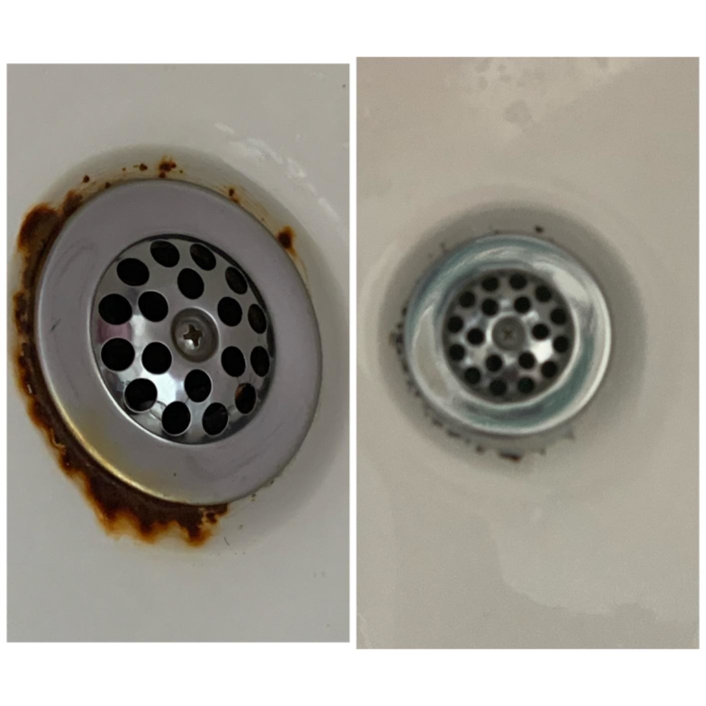 Reviewer before-and-after photo showing a rust ring around a faucet and a rust-free faucet after using the product