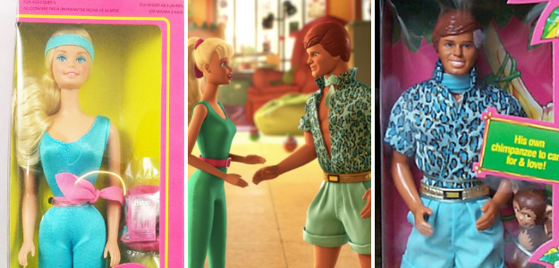 The real Barbie and Ken dolls alongside their animated versions in Toy Story 3