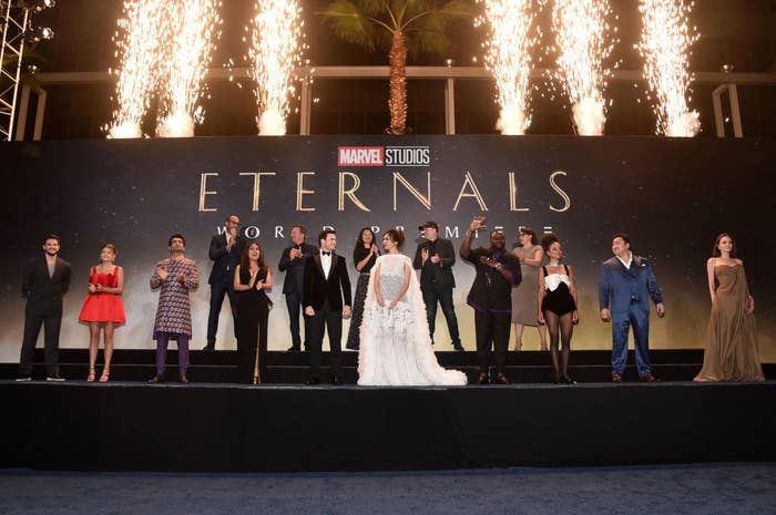 The Eternals cast onstage at the UK premiere of the film