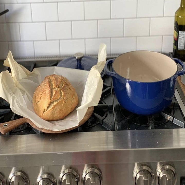 a sourdough that was made in a blue dutch oven