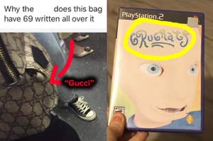 a fake Gucci back with 69 written all over it and a "Grugrats" video game