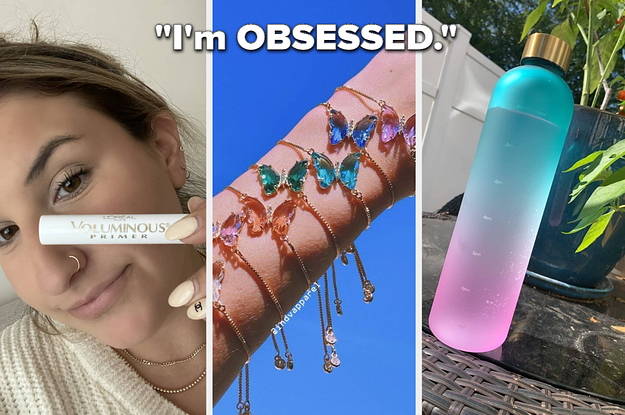 left image: ali faccenda using lash primer under mascara, middle image: crystal butterfly bracelets, right image: hydration tracking water bottle