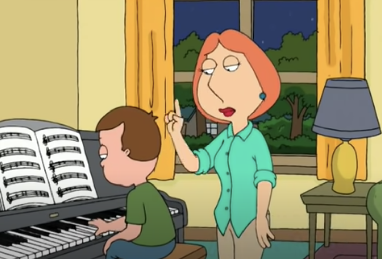cartoon mom standing behind a kid playing the piano