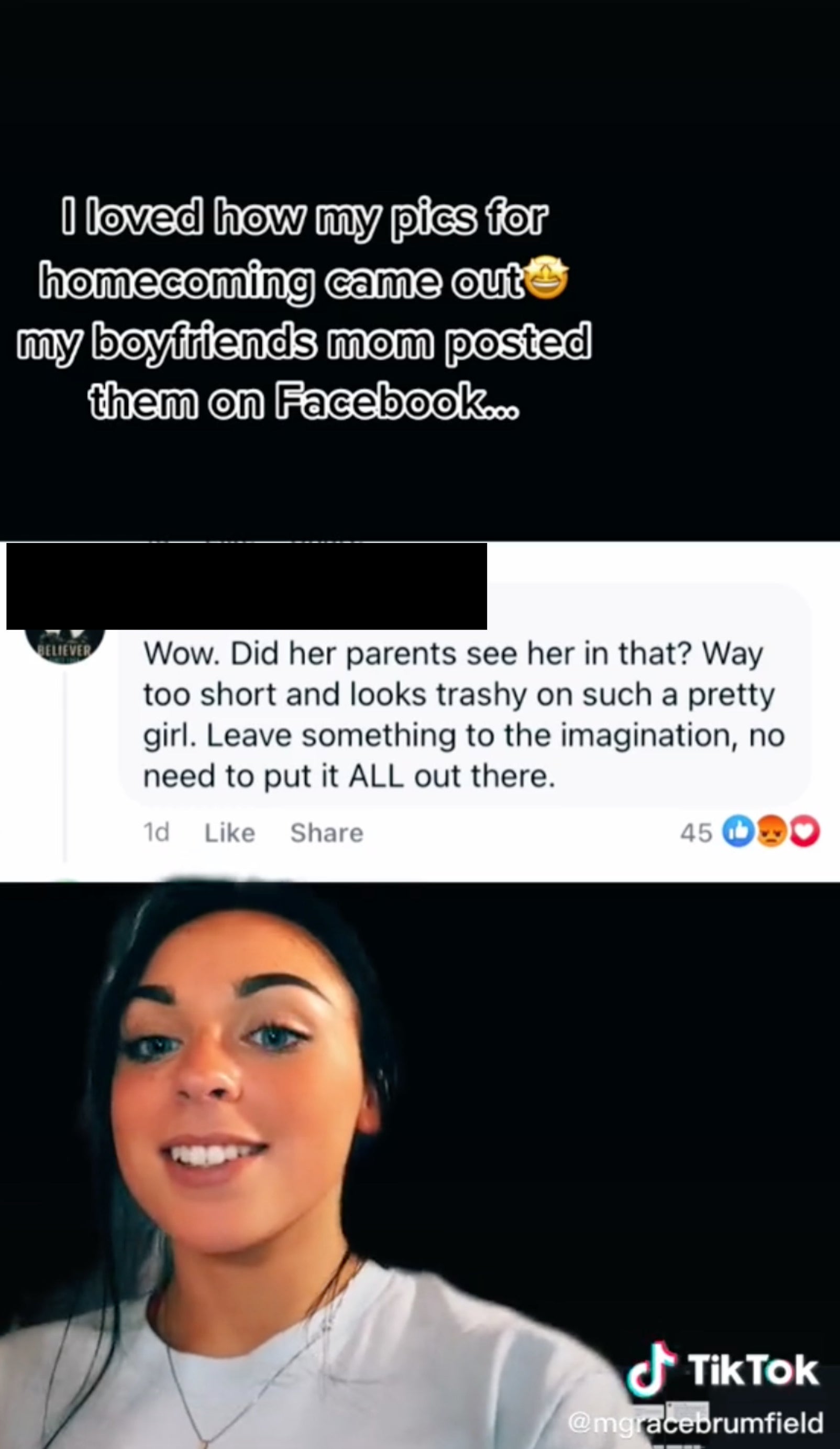 Grace smiling below the comment "Wow, did her parents see her in that? Way too short and looks trashy on such a pretty girl. Leave something to the imagination, no need to put it ALL out there"