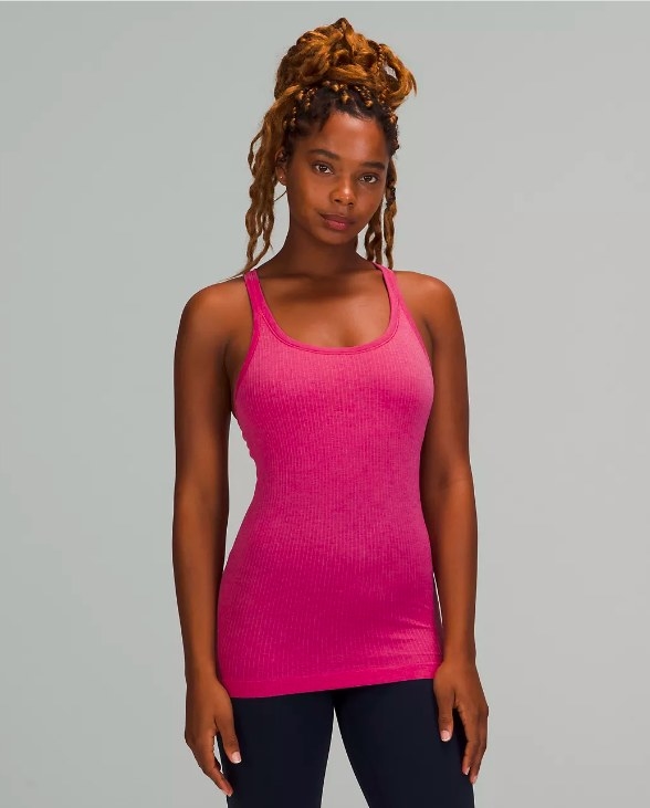 Model wearing the pink tank top