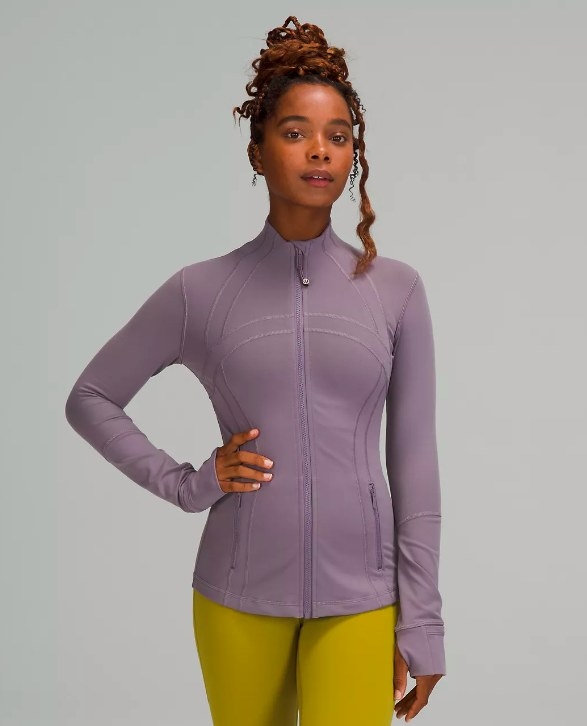 Model wearing the purple long-sleeve jacket