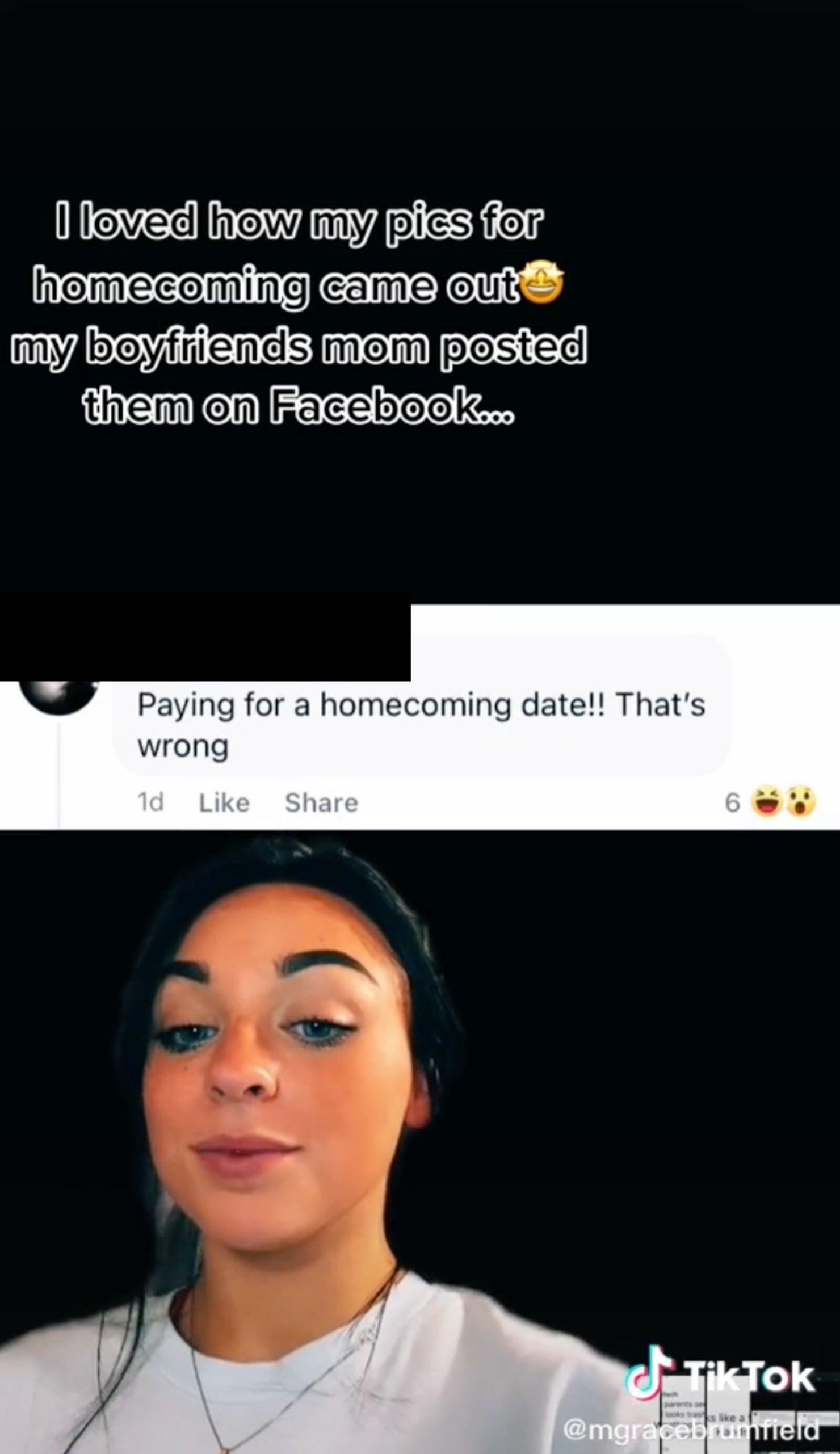 Grace looking down below the comment "Paying for a homecoming date!! That's wrong"